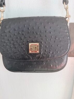 Dooney & Bourke Black Ostrich-Embossed Flap Crossbody with Gold Hardware